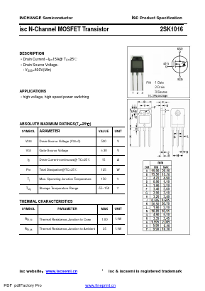 K1016 Datasheet PDF Inchange Semiconductor