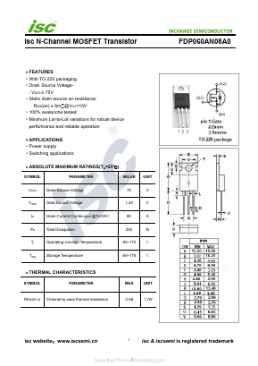 FDP060AN08A0 Datasheet PDF Inchange Semiconductor