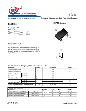 AO3407 Datasheet PDF Kersemi Electronic Co., Ltd.