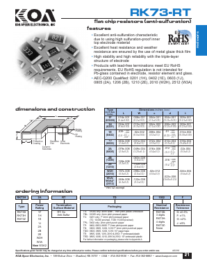 RK73H1JRTTD3010F Datasheet PDF KOA Speer Electronics, Inc.