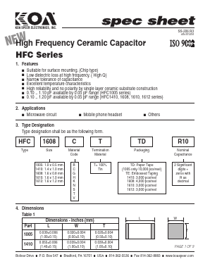 HFC1005TTR10 Datasheet PDF KOA Speer Electronics, Inc.