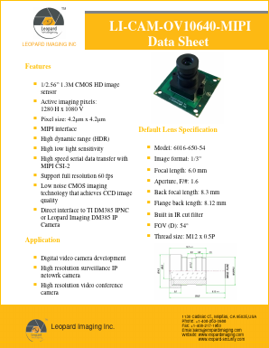 LI-CAM-OV10640-MIPI Datasheet PDF Leopard Imaging Inc.
