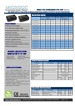 WRA1215YD-2W Datasheet PDF Microdc power Technology Co., Ltd