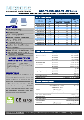 WRA1205YD-5W Datasheet PDF Microdc power Technology Co., Ltd