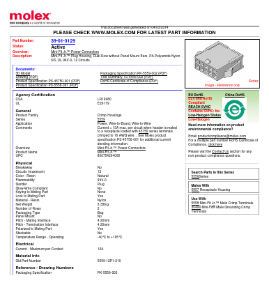 0039013129 Datasheet PDF Molex Connectors
