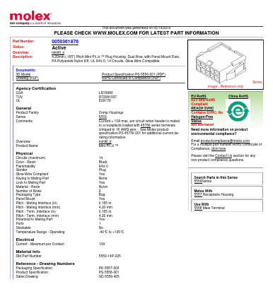 0050361876 Datasheet PDF Molex Connectors