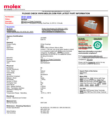 39-01-2040 Datasheet PDF Molex Connectors