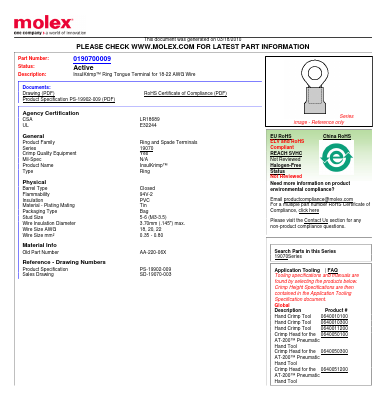 0190700009 Datasheet PDF Molex Connectors