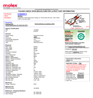 0190030014 Datasheet PDF Molex Connectors