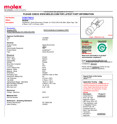 0190170012 Datasheet PDF Molex Connectors