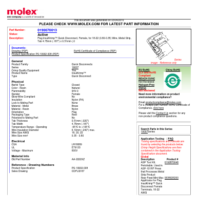 0190070013 Datasheet PDF Molex Connectors