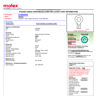 0190690050 Datasheet PDF Molex Connectors