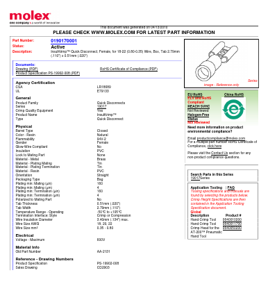 0190170001 Datasheet PDF Molex Connectors