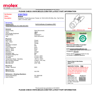 0190170018 Datasheet PDF Molex Connectors