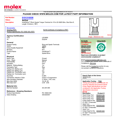 0191310036 Datasheet PDF Molex Connectors