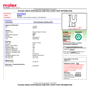 0191470019 Datasheet PDF Molex Connectors
