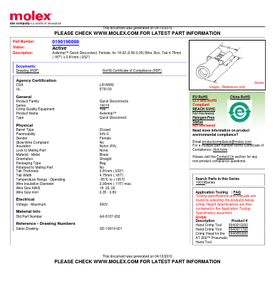 0190190008 Datasheet PDF Molex Connectors