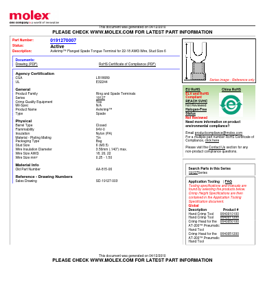 0191270007 Datasheet PDF Molex Connectors