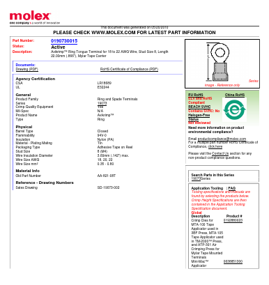 0190730015 Datasheet PDF Molex Connectors