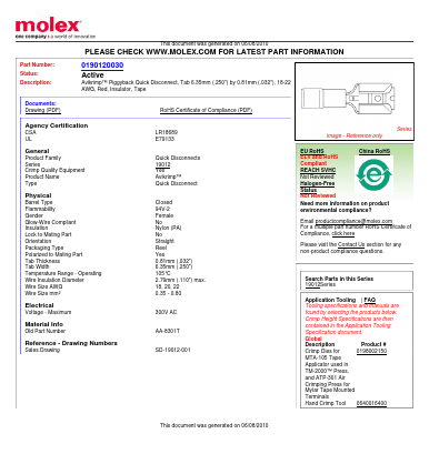 0190120030 Datasheet PDF Molex Connectors