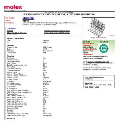 41672-0024 Datasheet PDF Molex Connectors