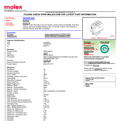 43045-1025 Datasheet PDF Molex Connectors