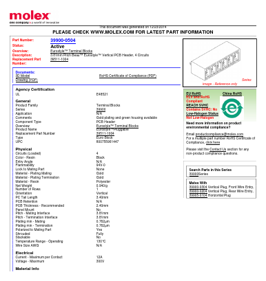 0399000504 Datasheet PDF Molex Connectors