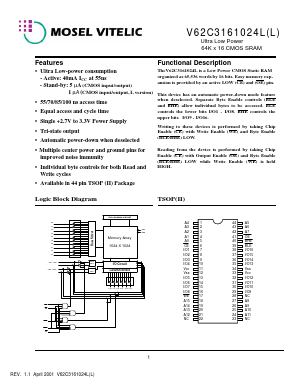 V62C3161024LL-85T Datasheet PDF Mosel Vitelic, Corp