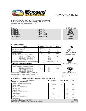 2N2222A Datasheet PDF Microsemi Corporation