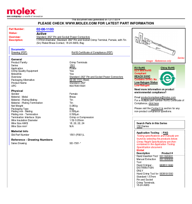 02-06-1103 Datasheet PDF Molex Connectors