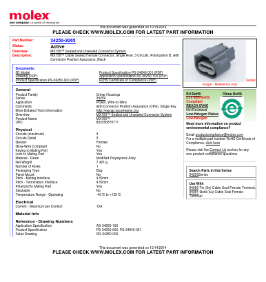 34250-3065 Datasheet PDF Molex Connectors