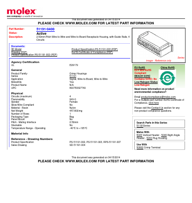 0511910400 Datasheet PDF Molex Connectors