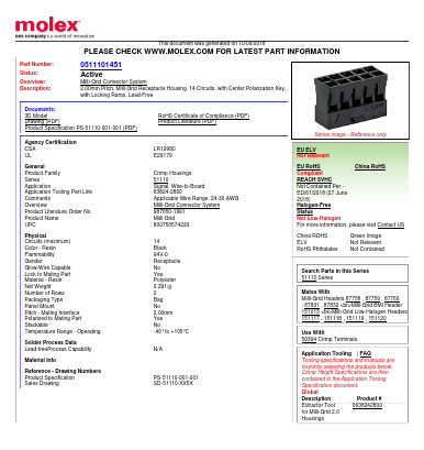 0511101451 Datasheet PDF Molex Connectors