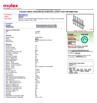 0022284101 Datasheet PDF Molex Connectors