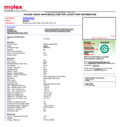 85502-5007 Datasheet PDF Molex Connectors
