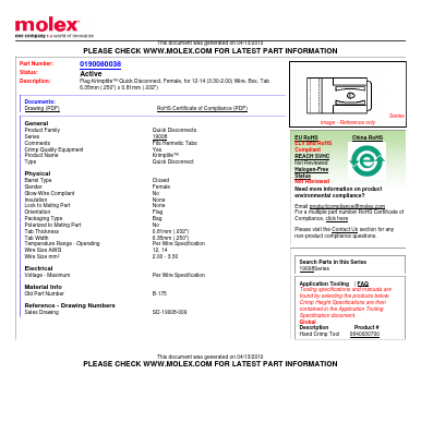 0190080038 Datasheet PDF Molex Connectors