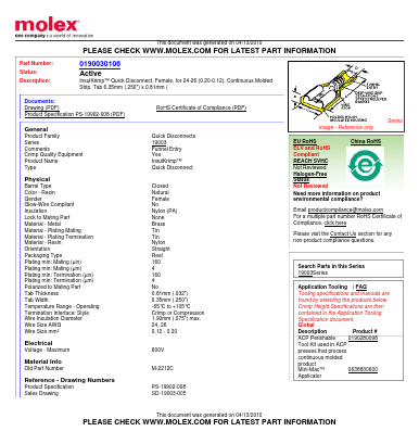 0190030106 Datasheet PDF Molex Connectors