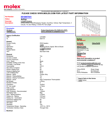 0010897041 Datasheet PDF Molex Connectors