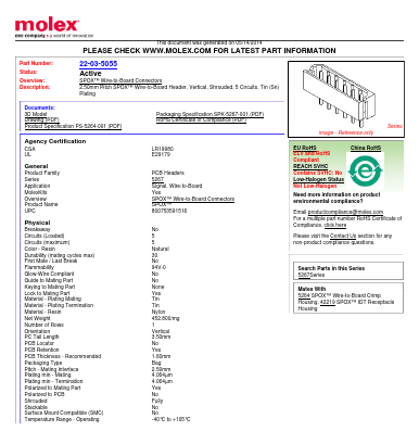 22-03-5055 Datasheet PDF Molex Connectors
