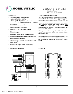 V62C2161024LL-70T Datasheet PDF Mosel Vitelic Corporation 