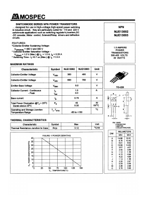 MJE13002 Datasheet PDF Mospec Semiconductor