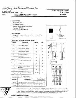 BD535 Datasheet PDF New Jersey Semiconductor