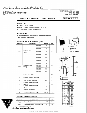 BDW63B Datasheet PDF New Jersey Semiconductor