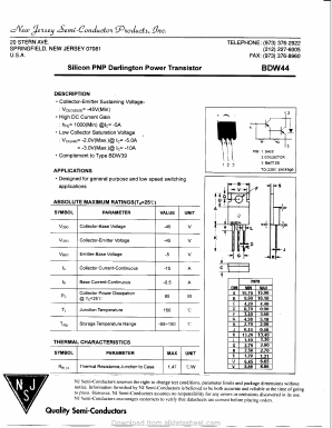BDW44 Datasheet PDF New Jersey Semiconductor