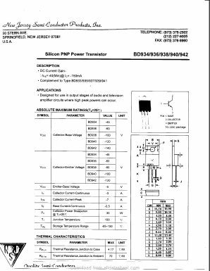 BD938 Datasheet PDF New Jersey Semiconductor