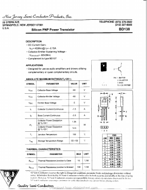 BD138 Datasheet PDF New Jersey Semiconductor