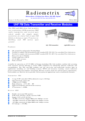 TX2-433-40-5V Datasheet PDF Radiometrix Ltd