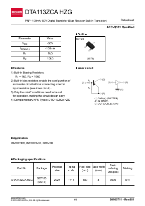 DTA113ZCAHZG Datasheet PDF ROHM Semiconductor