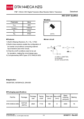 DTA144ECAHZG Datasheet PDF ROHM Semiconductor
