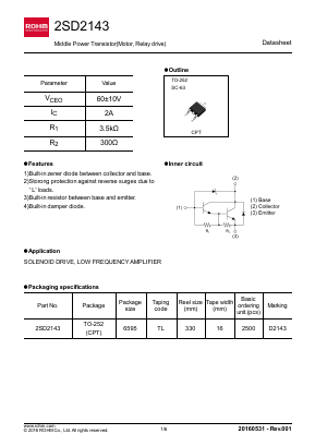 2SD2143 Datasheet PDF ROHM Semiconductor